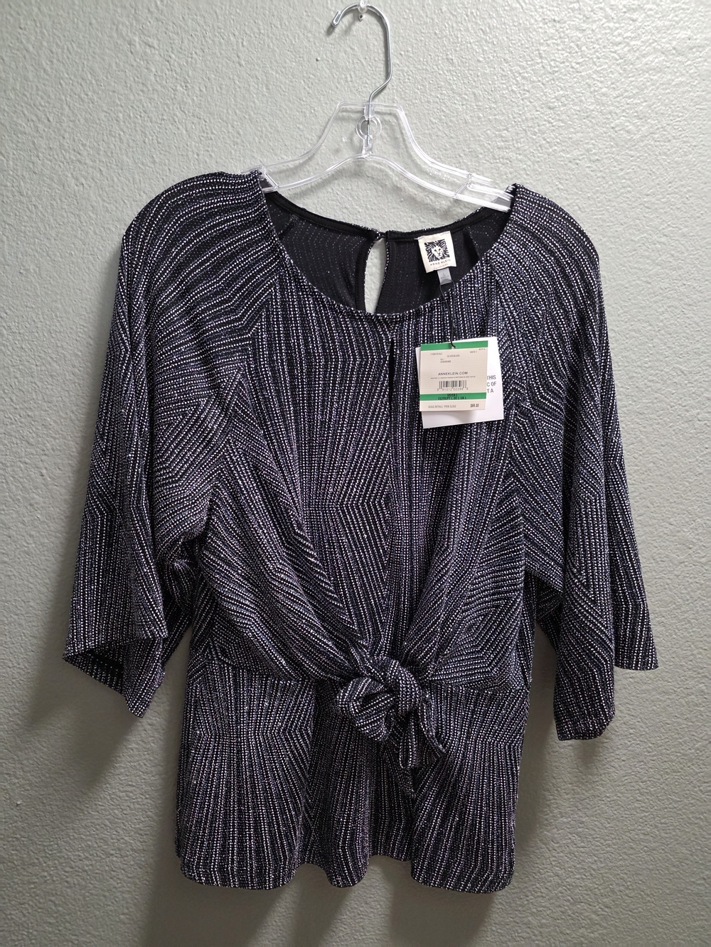 Anne Klein Black and Silver Sparkle Knot-Front Top
